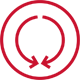 Czerwony symbol przedstawiający dwa okręgi z dwiema strzałkami skierowanymi do siebie wewnątrz. Symbol może sugerować funkcję związaną z obiegiem lub cyklem.