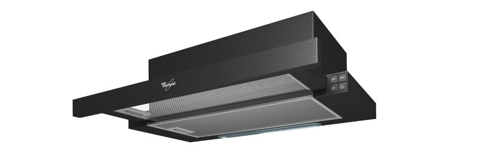 Czarny okap kuchenny z widocznym logo Whirlpool, posiada dwa metalowe filtry i panel sterowania z przyciskami. Okap ma prosty, nowoczesny design.