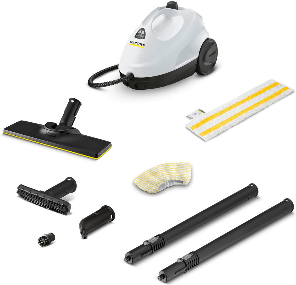 Na obrazie widoczna jest parownica z logo KARCHER oraz zestaw akcesoriów, w tym różne końcówki i przedłużki. Produkt ma biało-czarną kolorystykę z żółtymi elementami na niektórych akcesoriach.