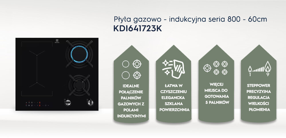 Obraz przedstawia płytę gazowo-indukcyjną z serii 800 o szerokości 60 cm, model KDI641723K. Obok płyty znajdują się cztery ikony z opisami: \'Idealne połączenie palników gazowych z polami indukcyjnymi\', \'Łatwa w czyszczeniu elegancka szklana powierzchnia\', \'Więcej miejsca do gotowania 5 palników\', \'Steppower precyzyjna regulacja wielkości płomienia\'.