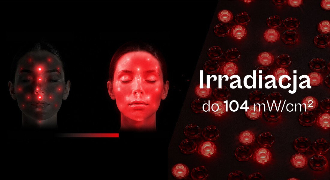 Obraz przedstawia dwie twarze oświetlone czerwonym światłem oraz tekst: \'Irradiacja do 104 mW/cm²\'.