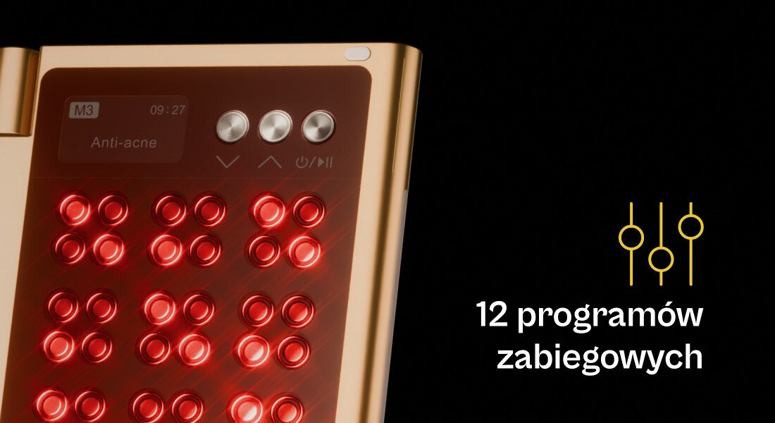 Złoty panel LED z czerwonymi diodami i trzema przyciskami. Obok widoczny napis: \'12 programów zabiegowych\'.