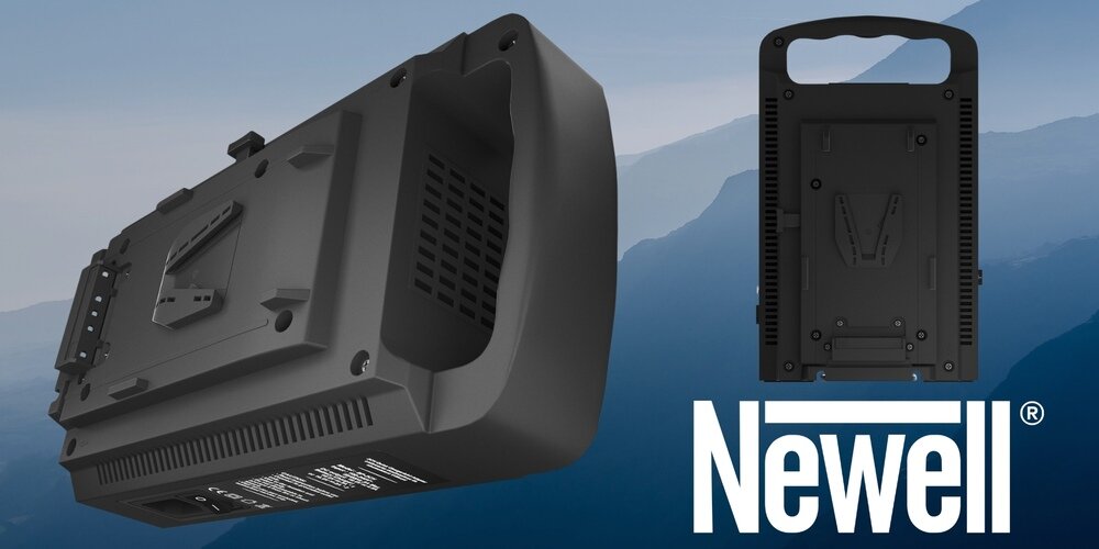 Ładowarka dwukanałowa Newell do akumulatorów V-Mount pokazana z dwóch perspektyw, na tle gór i logo marki