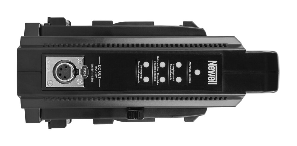 Ładowarka dwukanałowa Newell V-Mount z oznaczonymi elementami: wentylatorem, obudową ABS, wyjściem DC i wskaźnikiem LED