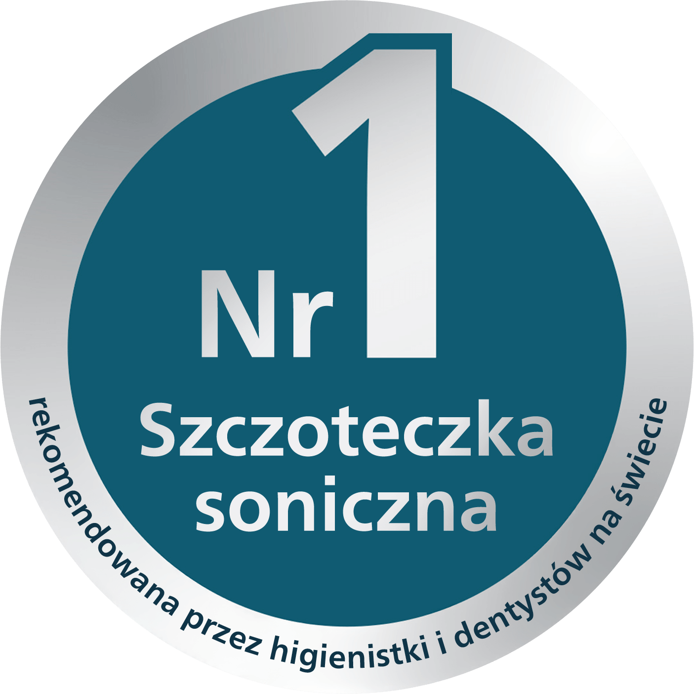 Okrągła naklejka z napisem \'Nr 1 Szczoteczka soniczna rekomendowana przez higienistki i dentystów na świecie\'.