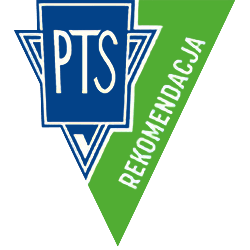 Logo w kształcie trójkąta z napisem \'PTS\' na niebieskim tle i \'REKOMENDACJA\' na zielonym tle.