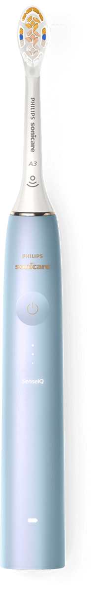 Szczoteczka soniczna w kolorze niebieskim z białą główką, na której widnieje napis \'PHILIPS Sonicare\'. Na uchwycie znajduje się przycisk zasilania oraz napisy \'PHILIPS Sonicare\' i \'SenseIQ\'.