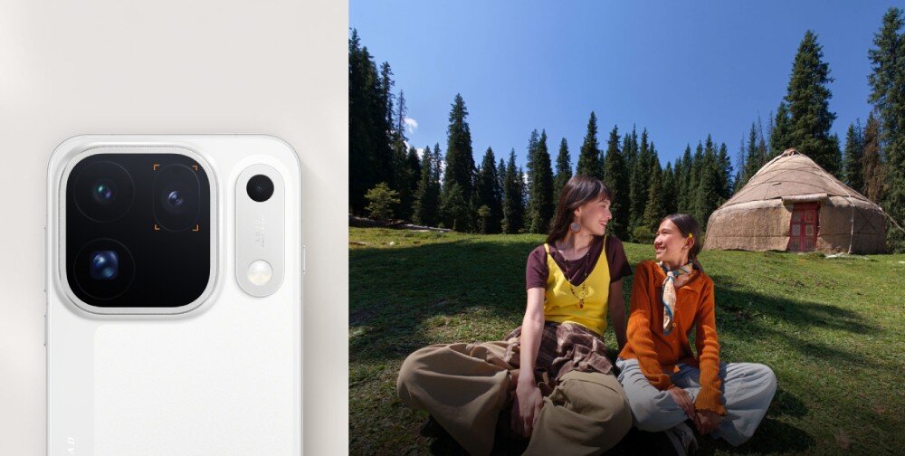 Po lewej stronie widoczny jest biały smartfon z trzema obiektywami aparatu i napisem \'AI\'. Po prawej stronie dwie osoby siedzą na trawie przed okrągłym namiotem, w tle las iglasty.
