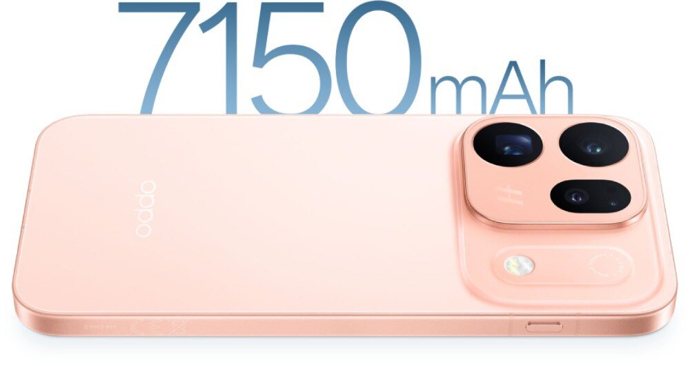 Smartfon w kolorze koralowym z trzema aparatami i logo \'oppo\'. Widoczny tekst: \'7150 mAh\'.