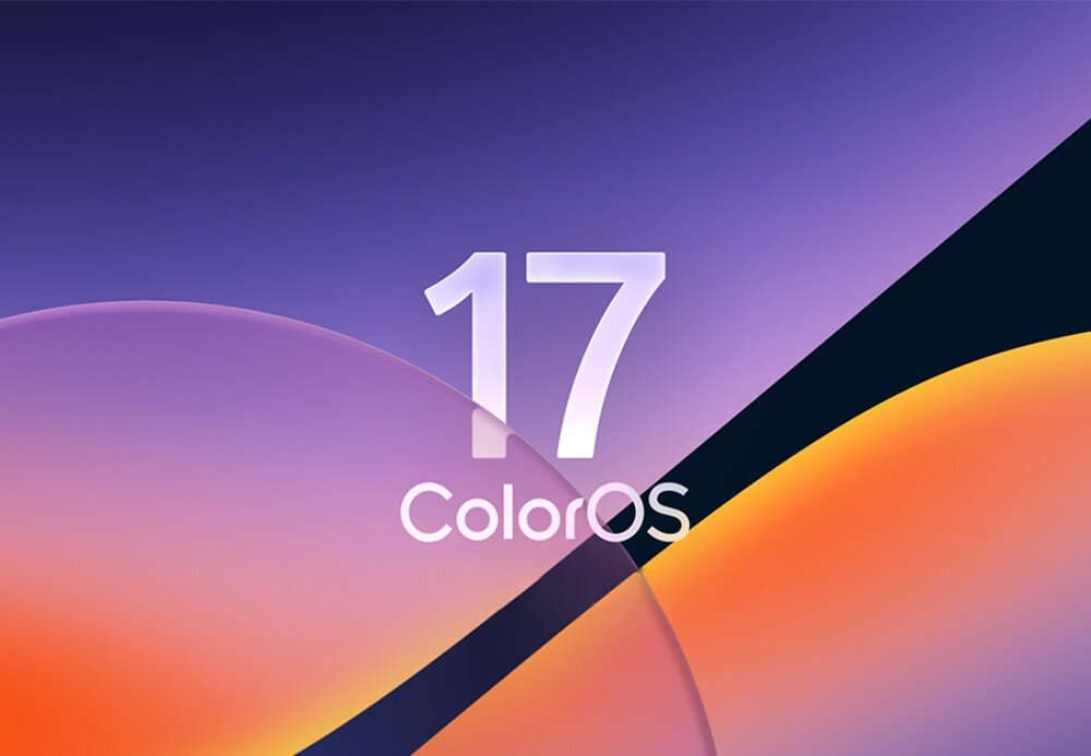 Grafika przedstawia gradientowe tło w odcieniach fioletu i pomarańczu z dużym napisem \'17 ColorOS\'.