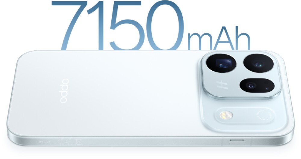 Na obrazie widoczny jest smartfon w kolorze błękitnym z trzema aparatami i logo \'oppo\'. W tle znajduje się tekst \'7150 mAh\'.