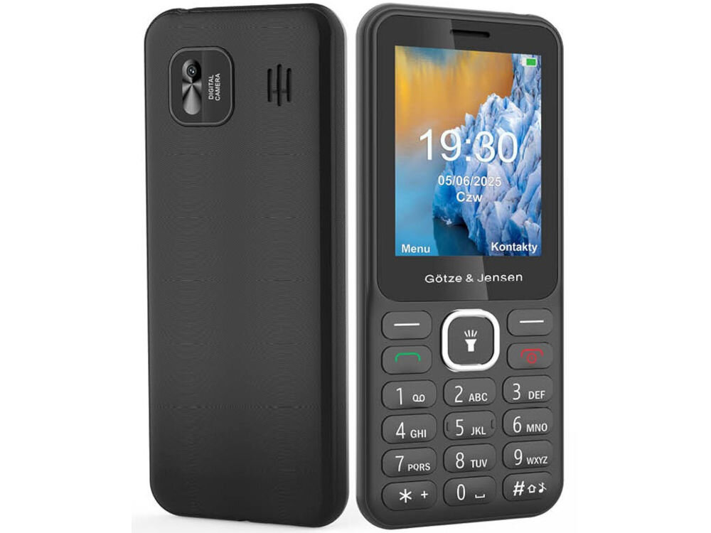 Telefon komórkowy Götze & Jensen GFE101 w kolorze czarnym z wyświetlaczem pokazującym godzinę 19:30 i datę 05/06/2025. Na klawiaturze widoczne są przyciski numeryczne oraz przycisk z ikoną latarki.