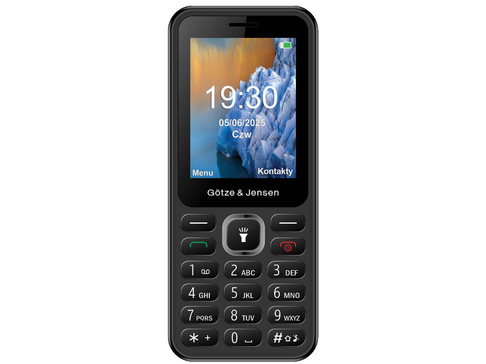Telefon komórkowy z kolorowym wyświetlaczem pokazującym godzinę 19:30 i datę 05/06/2025 Czw. Na dole ekranu widoczne są napisy \'Menu\' i \'Kontakty\', a poniżej logo \'Götze & Jensen\'.