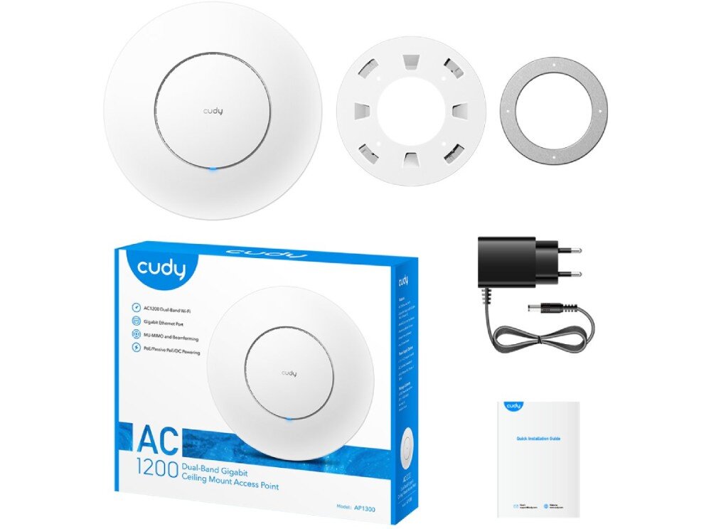 Na obrazie znajduje się punkt dostępu z logo \'cudy\', okrągłe elementy montażowe, zasilacz oraz pudełko z napisem \'AC 1200 Dual-Band Gigabit Ceiling Mount Access Point\'. Widoczna jest także instrukcja instalacji z logo \'cudy\'.