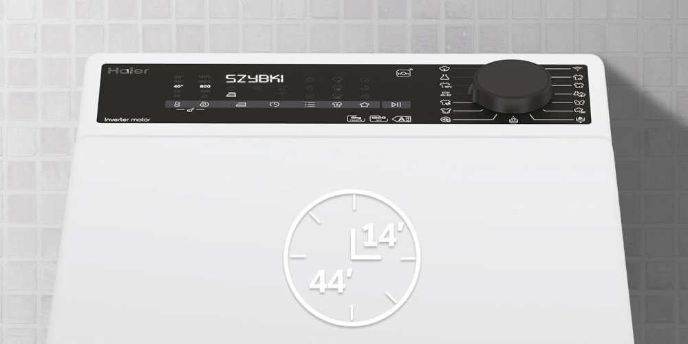 Panel sterowania pralki z widocznym napisem \'SZYBKI\' oraz pokrętłem wyboru programów. Na panelu znajdują się również ikony i napisy, takie jak \'Inverter motor\' oraz symbole związane z funkcjami pralki.