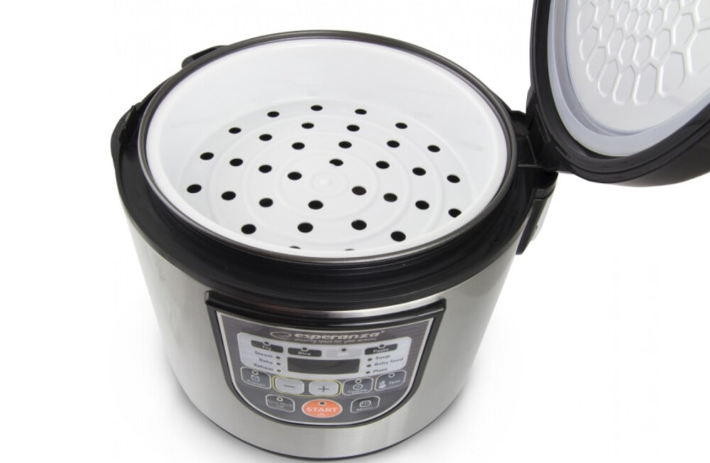Multicooker z otwartą pokrywą, wewnątrz widoczny biały wkład z otworami. Na panelu sterowania widoczne są przyciski i logo \'esperanza\'.