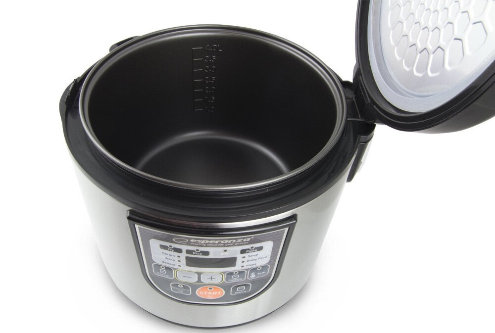Otwarty multicooker z widocznym wnętrzem i panelem sterowania z przyciskami oraz wyświetlaczem. Na panelu znajduje się logo \'Esperanza\' i przycisk \'START\'.