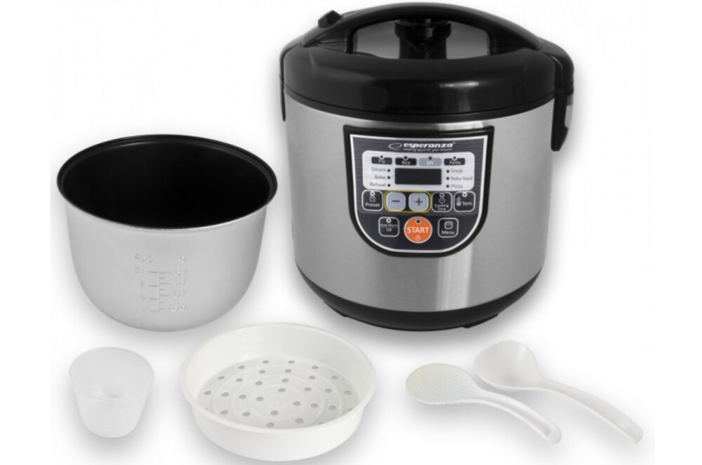 Na obrazie widoczny jest multicooker z panelem sterowania, na którym znajduje się logo \'esperanza\' oraz przycisk \'START\'. Obok urządzenia znajdują się akcesoria: miska, miarka, tacka do gotowania na parze i dwie łyżki.