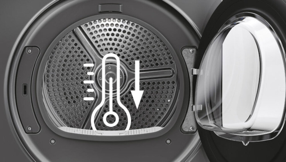 Wnętrze bębna suszarki z otwartymi drzwiami, na którym widoczny jest symbol termometru z opadającą strzałką. Drzwi są przezroczyste, a bęben ma metaliczną powierzchnię z otworami.