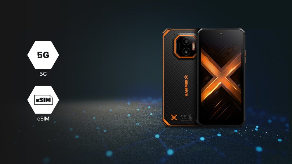 Obraz przedstawia smartfon z czarno-pomarańczowym wykończeniem oraz logo HAMMER na tylnej obudowie. Obok telefonu znajdują się ikony z napisami \'5G\' i \'eSIM\'.