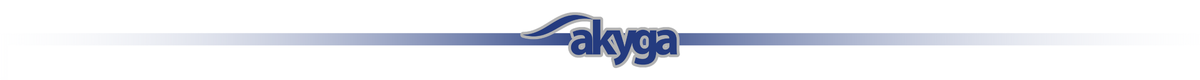 Logo z napisem \'akyga\' na tle poziomego, niebieskiego paska z gradientem.