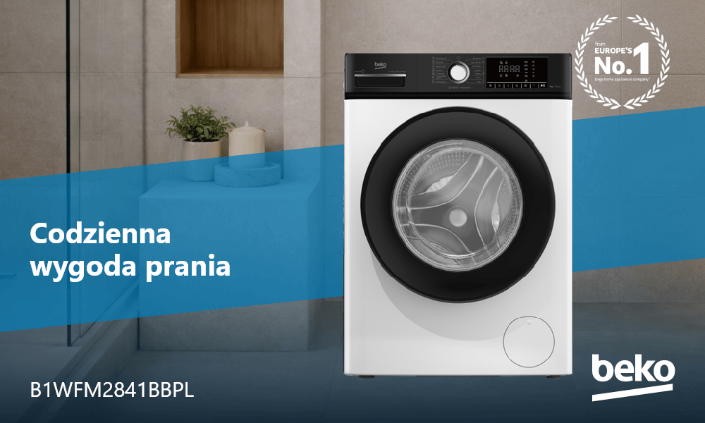 PRALKA BEKO B100 B1WFM2841BBPL Pralka Beko ładowana od frontu przedstawiona jest na tle aranżacji łazienki, z widocznym hasłem „Codzienna wygoda prania” oraz oznaczeniem modelu B1WFM2841BBPL. Na grafice znajduje się także logo Beko oraz znak „from Europe’s No.1”
