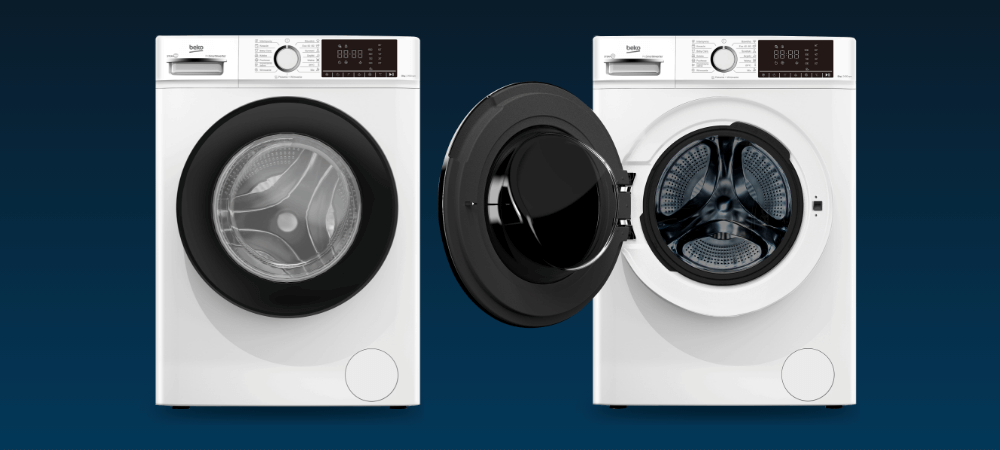 PRALKA BEKO Slim b100 B1WFM2841BBPL Dwa ujęcia przedstawiają pralkę z zamkniętymi oraz otwartymi drzwiami. Widoczny jest szeroki otwór załadunkowy i wnętrze bębna wyświetlacz 15  programów drzwi  XL 8 kg