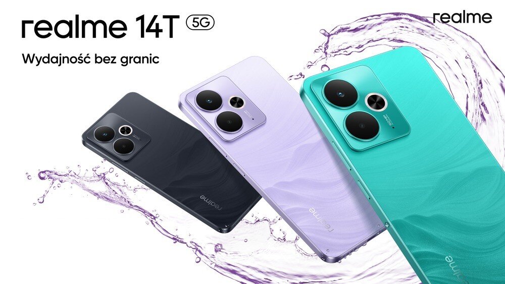 Trzy smartfony REALME 14T 5G w różnych kolorach: czarnym, fioletowym i turkusowym, z dużymi aparatami na tylnej obudowie. Na obrazie widoczny jest tekst: \'realme 14T 5G Wydajność bez granic\'.