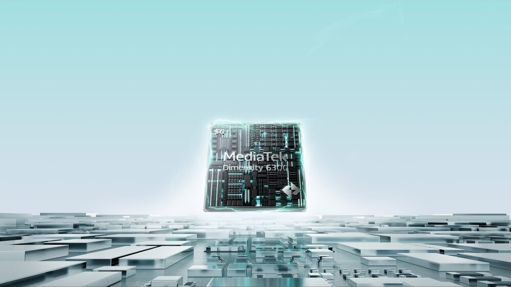 Obraz przedstawia chip z napisem \'MediaTek Dimensity 6300\' unoszący się nad futurystyczną, srebrzystą powierzchnią. Tło jest w odcieniach błękitu.