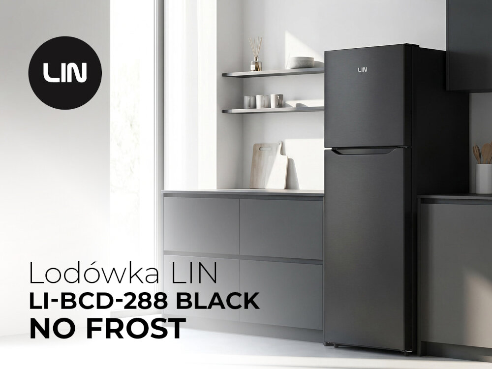 Czarna lodówka LIN LI-BCD-288 No Frost stoi w nowoczesnej kuchni z szarymi szafkami i półkami. Na obrazie widoczny jest napis: \'Lodówka LIN LI-BCD-288 BLACK NO FROST\'.