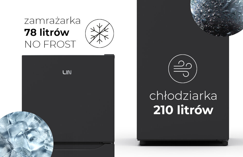 Obraz przedstawia czarną lodówkę marki LIN z napisem \'zamrażarka 78 litrów NO FROST\' oraz \'chłodziarka 210 litrów\'. Widoczne są symbole płatka śniegu i wiatru, a także zdjęcia lodu i kropli wody.