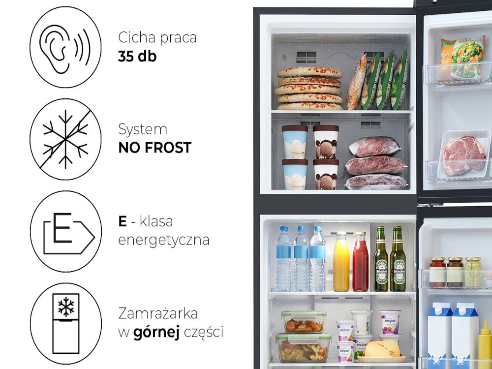Obraz przedstawia otwartą lodówkę z zamrażarką w górnej części, wypełnioną różnymi produktami spożywczymi. Po lewej stronie znajdują się ikony z tekstem: \'Cicha praca 35 db\', \'System NO FROST\', \'E - klasa energetyczna\', \'Zamrażarka w górnej części\'.