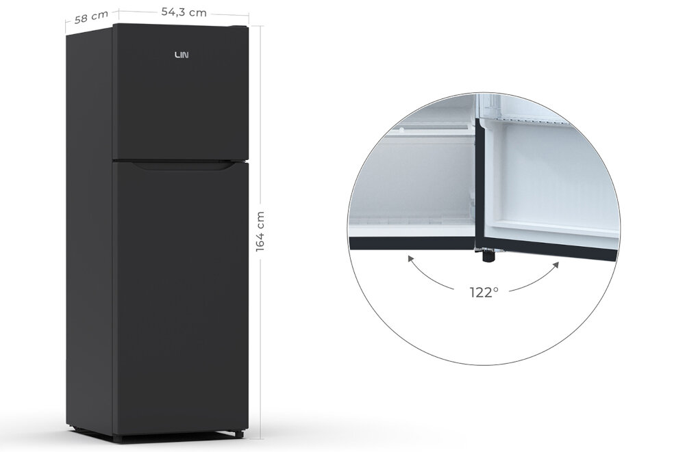 Czarna lodówka z logo LIN, o wymiarach 164 cm wysokości, 58 cm głębokości i 54,3 cm szerokości. Obok znajduje się ilustracja pokazująca otwarcie drzwi pod kątem 122 stopni.