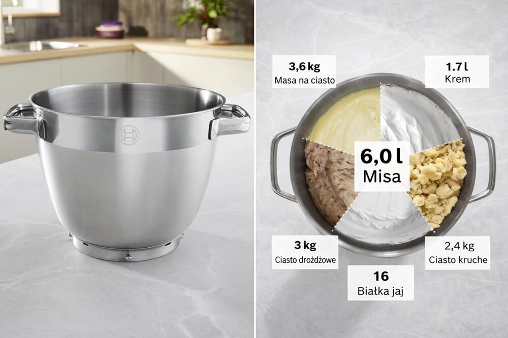 Na obrazie widoczna jest metalowa misa z logo producenta. Obok znajduje się grafika przedstawiająca podział misy na sekcje z opisami: 3,6 kg Masa na ciasto, 1,7 l Krem, 3 kg Ciasto drożdżowe, 2,4 kg Ciasto kruche, 16 Białka jaj, 6,0 l Misa.