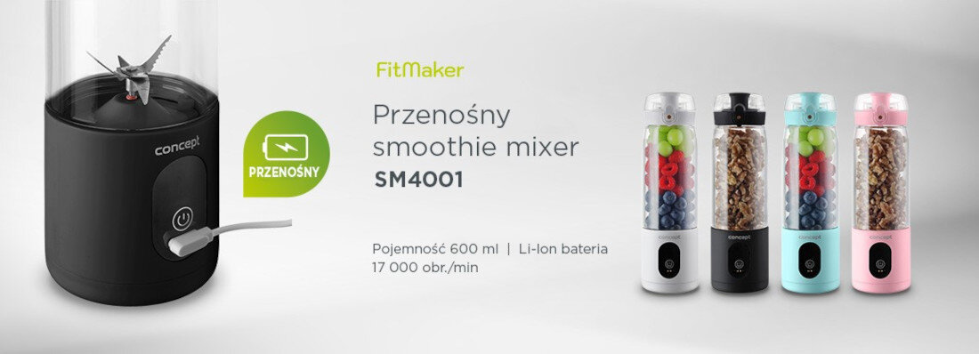 Obraz przedstawia cztery przenośne blendery w różnych kolorach: czarnym, białym, niebieskim i różowym, z logo \'concept\'. Obok znajduje się tekst: \'FitMaker Przenośny smoothie mixer SM4001 Pojemność 600 ml | Li-Ion bateria 17 000 obr./min\'.
