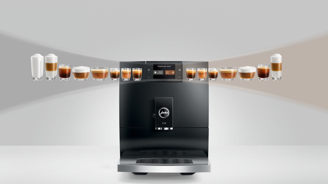 Ekspres JURA C9 Piano Czarny dwa wymiary przyjemności podwójny wybór smaku  Light Extraction Process  Light Brew klasyczna gorąca kawa Proces Ekstrakcji Pulsacyjnej P.E.P.® doznania aromat