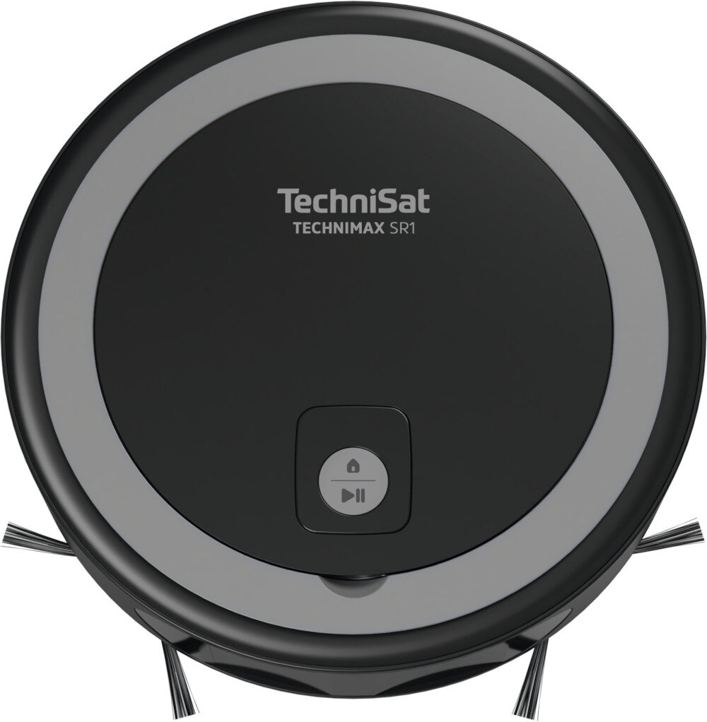 Na obrazie widoczny jest okrągły robot sprzątający z logo \'TechniSat TECHNIMAX SR1\' na górze. Urządzenie ma ciemną obudowę z jasnym pierścieniem i przyciskiem z ikoną kłódki i symbolami odtwarzania/pauzy.
