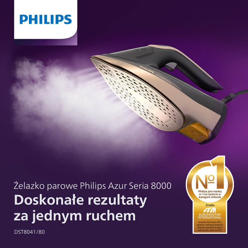 Obraz przedstawia żelazko parowe z serii Philips Azur 8000, emitujące parę. Widoczny jest tekst: \'Żelazko parowe Philips Azur Seria 8000 Doskonałe rezultaty za jednym ruchem DST8041/80\'.