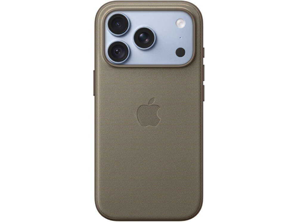 Etui w jasnobeżowym kolorze z trzema widocznymi obiektywami aparatu i logo Apple na tylnej części. Powierzchnia etui ma teksturowane wykończenie.