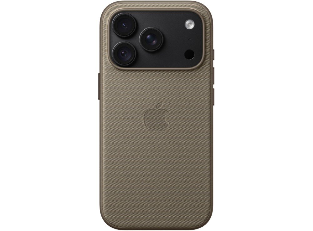 Jasnobeżowe etui na telefon z trzema widocznymi obiektywami aparatu i logo Apple na środku. Powierzchnia etui ma teksturowane wykończenie.