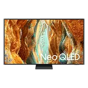 Telewizor z dużym ekranem wyświetla abstrakcyjny wzór w odcieniach pomarańczowego i niebieskiego. Na ekranie widoczny jest napis \'Neo QLED\'.