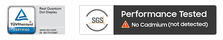 Obraz przedstawia dwa certyfikaty. Pierwszy to TÜV Rheinland Certified z napisem \'Real Quantum Dot Display\', a drugi to SGS z napisem \'Performance Tested No Cadmium (not detected)\'.