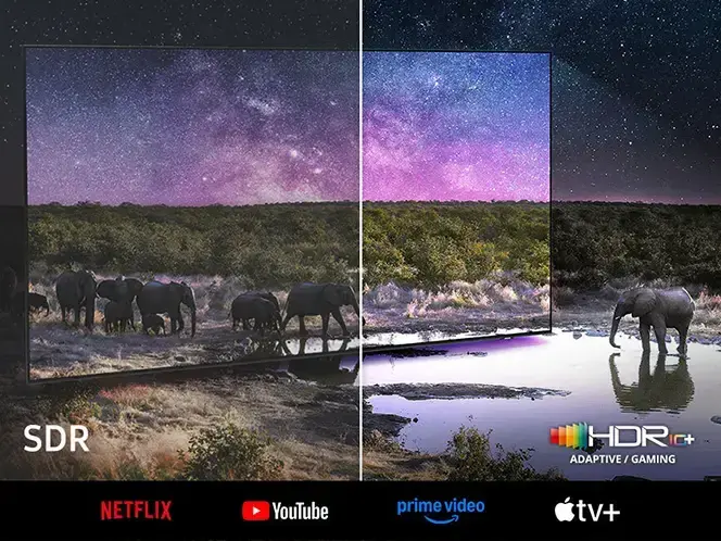 Obraz przedstawia porównanie jakości obrazu SDR i HDR na tle nocnego krajobrazu z widocznymi słoniami. Na dole znajdują się logotypy: Netflix, YouTube, Prime Video, Apple TV oraz HDR10+ Adaptive/Gaming.
