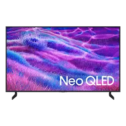 Telewizor z wyświetlaczem pokazującym kolorowe, abstrakcyjne wzory w odcieniach fioletu i różu. Na ekranie widoczny jest napis \'Neo QLED\'.