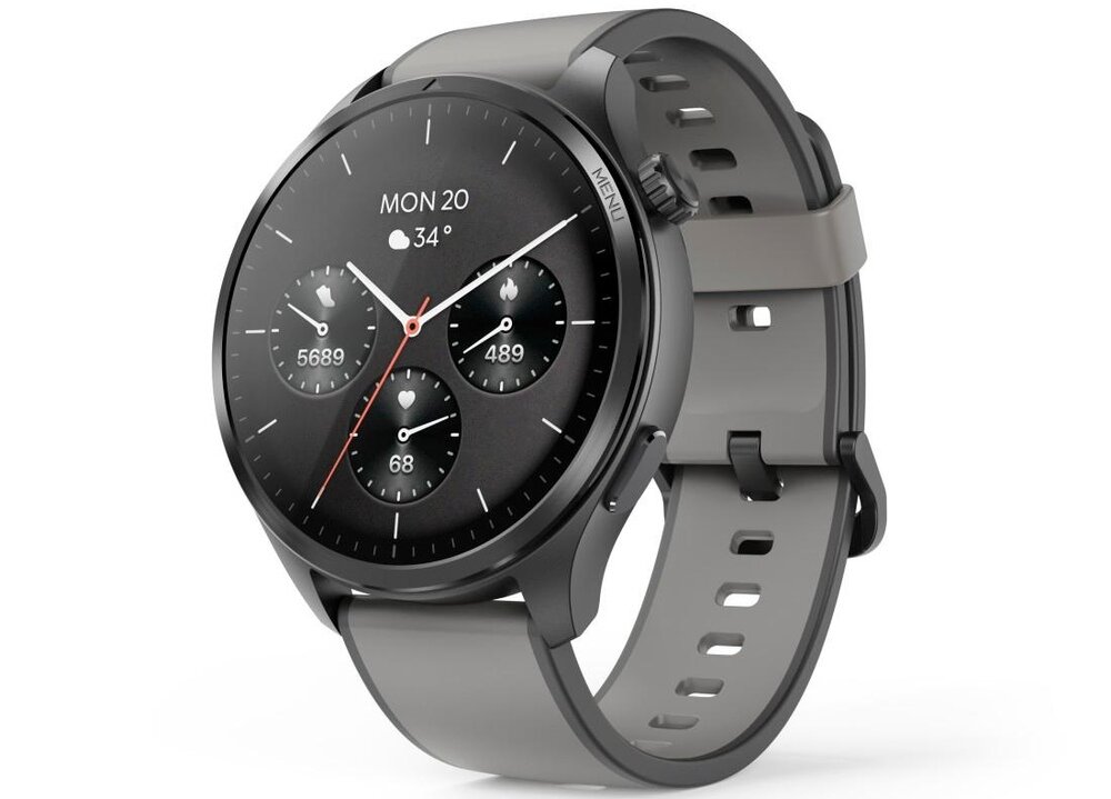 Smartwatch z okrągłym, czarnym wyświetlaczem i szarym paskiem, pokazuje datę \'MON 20\', temperaturę \'34°\' oraz trzy tarcze z różnymi wskaźnikami: 5689, 489, 68. Na boku koperty widoczny jest przycisk z napisem \'MENU\'.