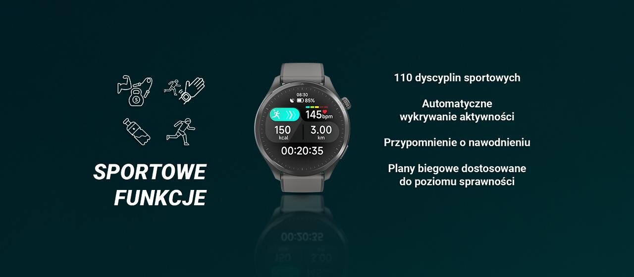 Obraz przedstawia smartwatch z wyświetlaczem pokazującym dane takie jak kalorie, tętno i czas. Obok znajdują się napisy: \'SPORTOWE FUNKCJE\', \'110 dyscyplin sportowych\', \'Automatyczne wykrywanie aktywności\', \'Przypomnienie o nawodnieniu\', \'Plany biegowe dostosowane do poziomu sprawności\'.