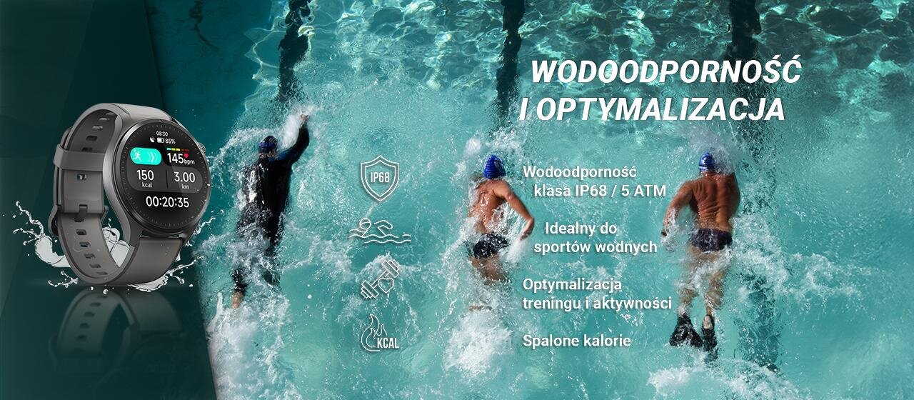 Obraz przedstawia smartwatch z wyświetlaczem pokazującym czas, tętno i spalone kalorie, obok trzech pływaków w wodzie. Tekst na obrazie: \'Wodoodporność i optymalizacja\', \'Wodoodporność klasa IP68 / 5 ATM\', \'Idealny do sportów wodnych\', \'Optymalizacja treningu i aktywności\', \'Spalone kalorie\'.