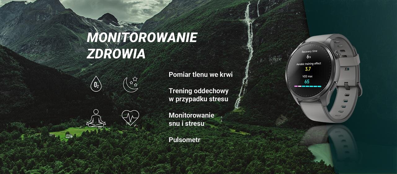 Obraz przedstawia smartwatch z wyświetlaczem pokazującym dane dotyczące zdrowia, na tle górskiego krajobrazu. Obok widnieje tekst: \'MONITOROWANIE ZDROWIA, Pomiar tlenu we krwi, Trening oddechowy w przypadku stresu, Monitorowanie snu i stresu, Pulsometr\'.