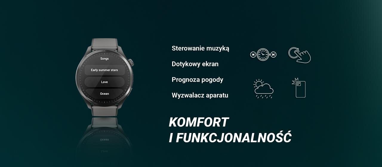 Obraz przedstawia smartwatch z wyświetlaczem pokazującym listę utworów: \'Songs\', \'Early summer stars\', \'Love\', \'Ocean\'. Obok znajdują się ikony i teksty: \'Sterowanie muzyką\', \'Dotykowy ekran\', \'Prognoza pogody\', \'Wyzwalacz aparatu\', oraz napis \'KOMFORT I FUNKCJONALNOŚĆ\'.