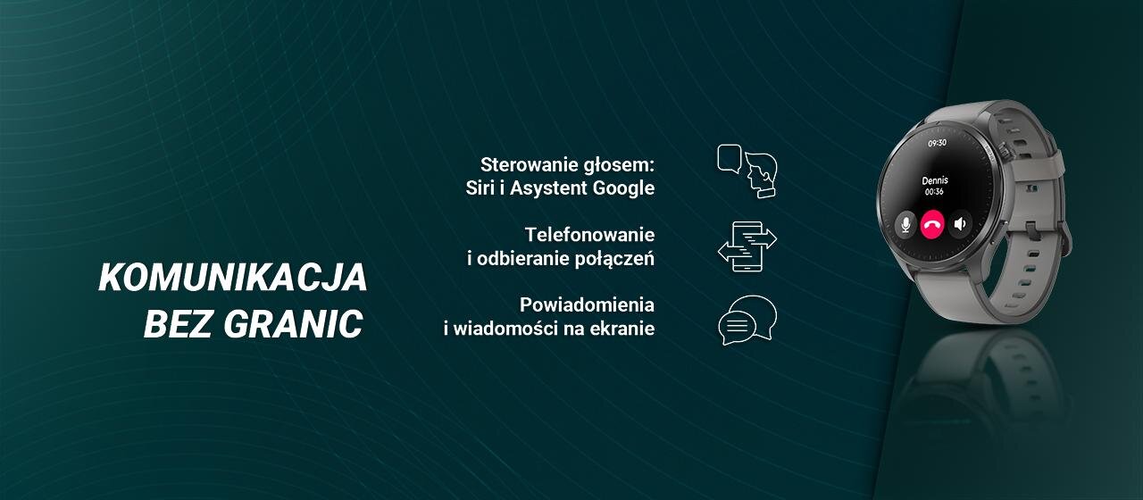 Obraz przedstawia smartwatch z wyświetlaczem pokazującym połączenie przychodzące od \'Dennis\'. Obok znajdują się napisy: \'KOMUNIKACJA BEZ GRANIC\', \'Sterowanie głosem: Siri i Asystent Google\', \'Telefonowanie i odbieranie połączeń\', \'Powiadomienia i wiadomości na ekranie\'.